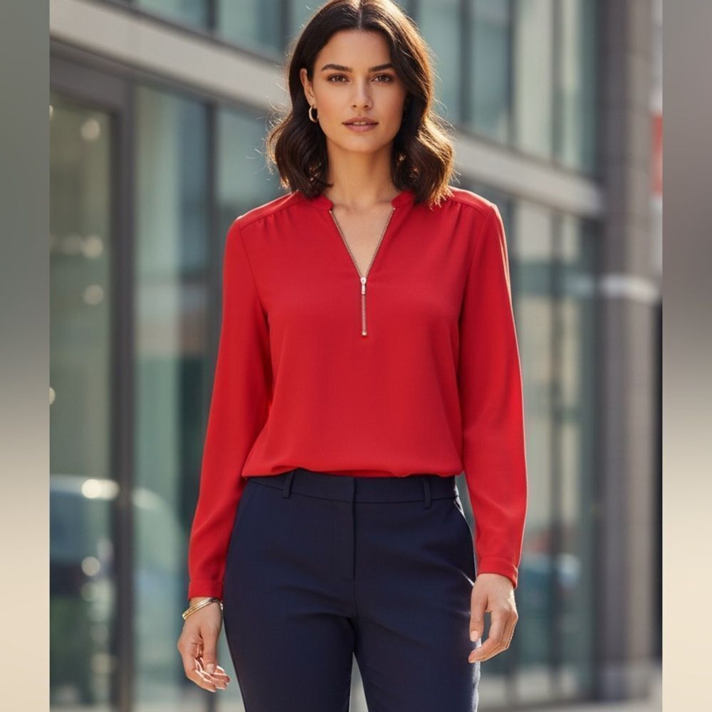 Dex Vibrant Red Zip-Neck Blouse